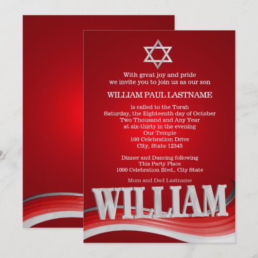 William Steel Wave Red Bar Mitzvah Einladung (Vorne/Hinten)
