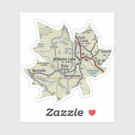 Williams Lake BC 50's Map Aufkleber (Blatt)