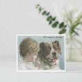Willimantic Thread Little Girl mit Hund Postkarte (Stehend Vorderseite)