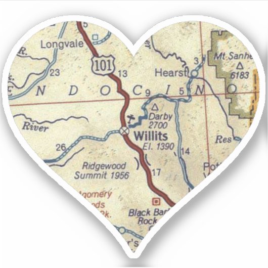 Willits CA Vintag Map Heart Aufkleber (Vorderseite)