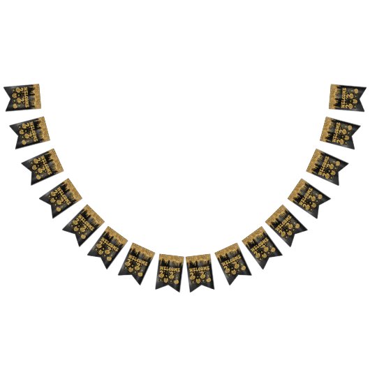WILLKOMMEN 2023 SCHWARZ & GOLD GLITZER TROPFEN CUS WIMPELKETTE (Alle)
