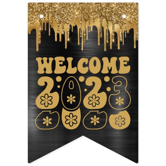 WILLKOMMEN 2023 SCHWARZ & GOLD GLITZER TROPFEN CUS WIMPELKETTE (Erste Fahne)
