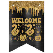 WILLKOMMEN 2023 SCHWARZ & GOLD GLITZER TROPFEN CUS WIMPELKETTE (Dritte Fahne)