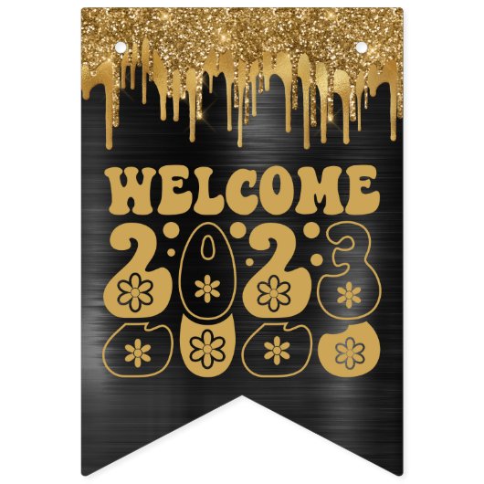 WILLKOMMEN 2023 SCHWARZ & GOLD GLITZER TROPFEN CUS WIMPELKETTE (Dritte Fahne)