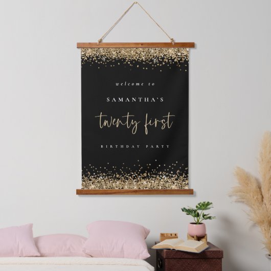Willkommen 21. Gold Glitzer Name Black Wandteppich Mit Holzrahmen (Schlafzimmer)