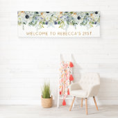 Willkommen 21. Party Name White Florals Blätter Banner (Insitu)