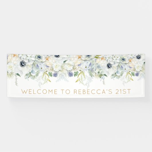 Willkommen 21. Party Name White Florals Blätter Banner (Horizontal)