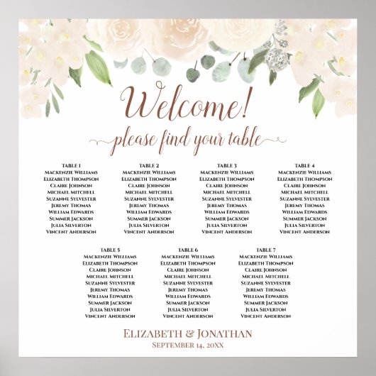 Willkommen! 7 Tabelle Blush Peach Floral Seekarte Poster (Vorne)