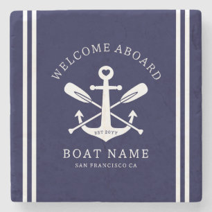 Willkommen an Bord Bootsname Nautical Anker Blau Steinuntersetzer