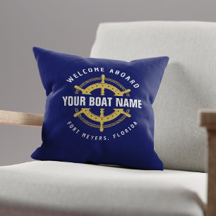 Willkommen an Bord Bootsname Navy Blau Gold Kissen