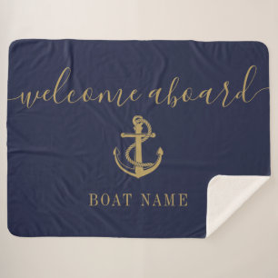 Willkommen an Bord Bootsname Navyblau Gold Sherpadecke