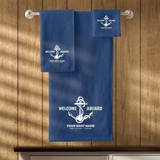 Willkommen an Bord der Nautical Navy Blue Bootname Badhandtuch Set
