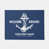 Willkommen an Bord der Nautical Navy Blue Bootname Fußmatte (Vorderseite)