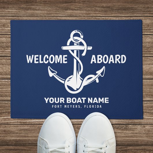 Willkommen an Bord der Nautical Navy Blue Bootname Fußmatte