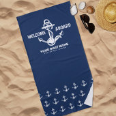 Willkommen an Bord der Nautical Navy Blue Bootname Strandtuch