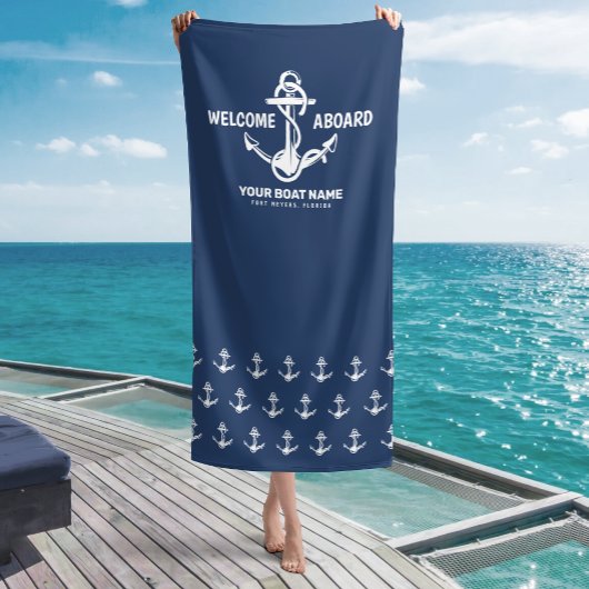 Willkommen an Bord der Nautical Navy Blue Bootname Strandtuch