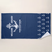 Willkommen an Bord der Nautical Navy Blue Bootname Strandtuch (Vorderseite)