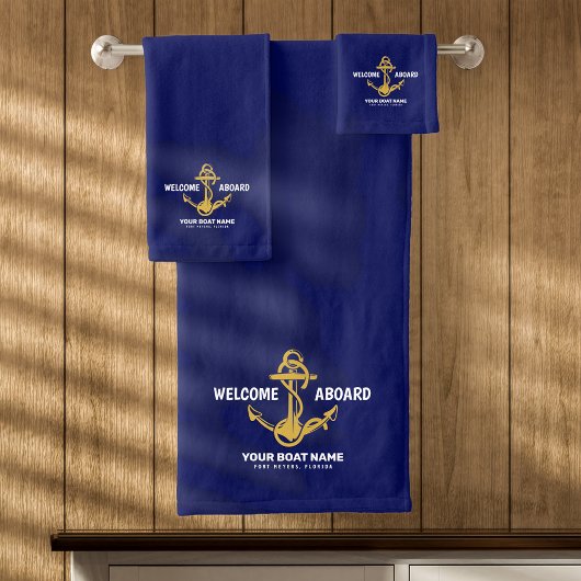 Willkommen an Bord der Nautical Navy Blue & Gold B Badhandtuch Set