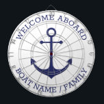 Willkommen an Bord des blauen nautischen Ankerindi Dartscheibe<br><div class="desc">Willkommen an Bord, Benutzername oder Familienname des Bootes, nautischer marineblauer Anker und Text Vollständig anpassbarer Text. So können Sie es personalisieren und einzigartig machen. Segel-Text, Kapitän-Name, Name des Bootes, Familienname, Vorzeichen, etc Navy blauer Text und Anker auf weißem Hintergrund. Farben sind bearbeitbar. Dieses Dartboard eignet sich hervorragend als Boot, Business...</div>