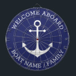Willkommen An Bord des blauen weißen nautischen An Dartscheibe<br><div class="desc">Willkommen an Bord, Name oder Familienname des benutzerdefinierten Bootes, nautischer Anker und personalisierter Text. Vollständig anpassbarer Text. So können Sie es personalisieren und einzigartig machen. Segel-Text, Kapitän-Name, Name des Bootes, Familienname, Vorzeichen, etc. Weißer Text und Anker auf blauem Hintergrund. Farben sind bearbeitbar. Dieses Dartboard eignet sich hervorragend als Boot, Business...</div>