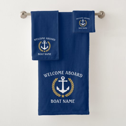 Willkommen an Bord des Bootes Name Anchor Gold Lau Badhandtuch Set (Insitu)