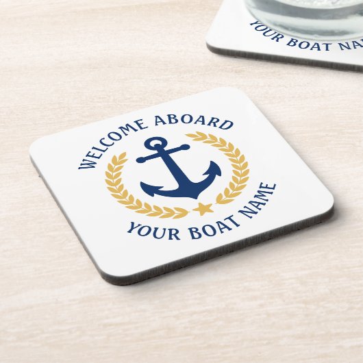 Willkommen an Bord des Bootes Name Anchor Gold Lau Getränkeuntersetzer (Linke Seite)