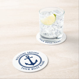 Willkommen an Bord des Bootes Name Sea Anchor Blue Runder Pappuntersetzer