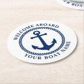 Willkommen an Bord des Bootes Name Sea Anchor Blue Runder Pappuntersetzer (Angewinkelt)