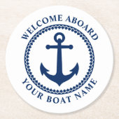 Willkommen an Bord des Bootes Name Sea Anchor Blue Runder Pappuntersetzer (Vorderseite)