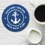 Willkommen an Bord des Schiffes Name Anchor Rope N Runder Pappuntersetzer<br><div class="desc">Ein nautisches Untersetzer-Set mit Begrüßung an Bord und Ihrem personalisierten Bootsnamen oder anderen gewünschten Text. Enthält einen speziell entworfenen Bootanker und Seil. Kommt in Weiß auf marineblau oder ändert einfach die Grundfarbe an Ihre aktuelle Dekoration.</div>