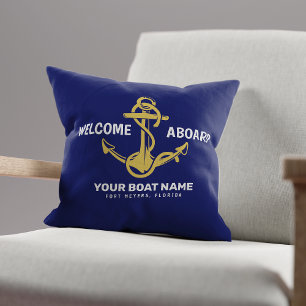 Willkommen an Bord Nautical Navy Blau Gold Bootsna Kissen