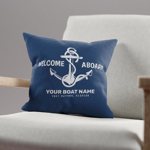 Willkommen an Bord Nautical Navy Blue Bootsname Kissen