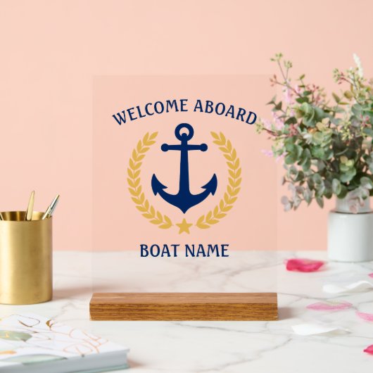 Willkommen auf dem Schiff Name Anchor Gold Laurel  Acrylschild (Hochzeit)