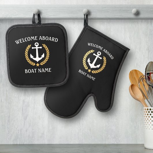 Willkommen auf dem Schiff Name Anchor Gold Laurel Ofenhandschuh & Topflappen-Set