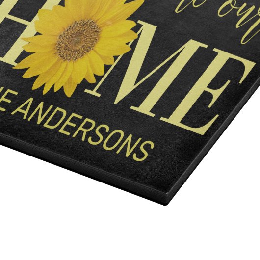 Willkommen auf unserer Zuhause Sonnenblume Schwarz Schneidebrett (Ecke)