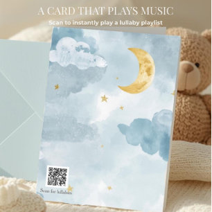 Willkommen Baby Blau Aquarell Mond QR Code Wiegenl Karte