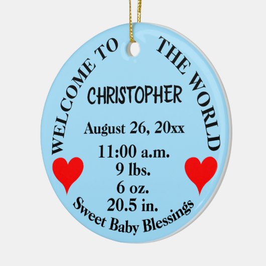 Willkommen Baby Blue Rattle Birth Stats Name Keramik Ornament (Links)