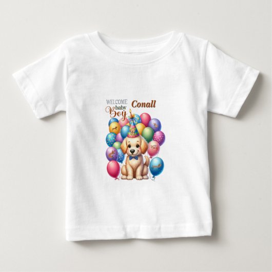 Willkommen Baby Boy Welpe Hund und Balloons Design Baby T-shirt (Vorderseite)