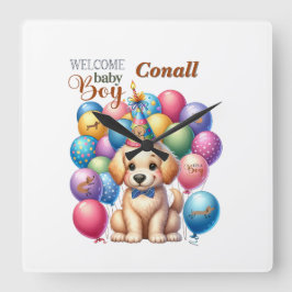 Willkommen Baby Boy Welpe Hund und Balloons Design Quadratische Wanduhr