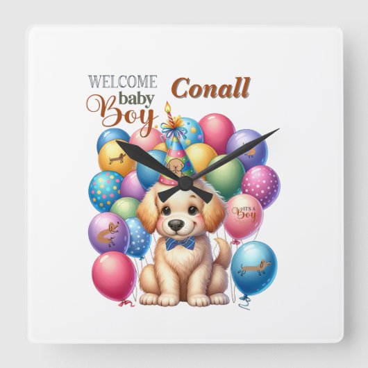 Willkommen Baby Boy Welpe Hund und Balloons Design Quadratische Wanduhr (Vorderseite)
