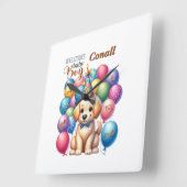 Willkommen Baby Boy Welpe Hund und Balloons Design Quadratische Wanduhr (Winkel)