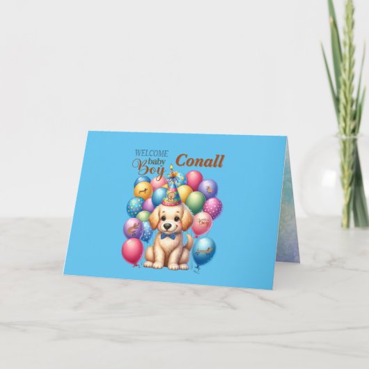 Willkommen Baby Boy Welpe Hund und Balloons Karte (Vorderseite)