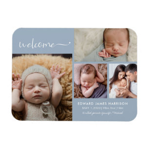 Willkommen Baby Foto-Collage Blaue Geburtsanzeige Magnet