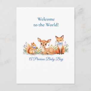 Willkommen Baby Junge Waldtiere Reh Fuchs Eichhörn Postkarte