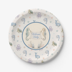 Willkommen Baby Seepferdchen zur Babyparty Pappteller