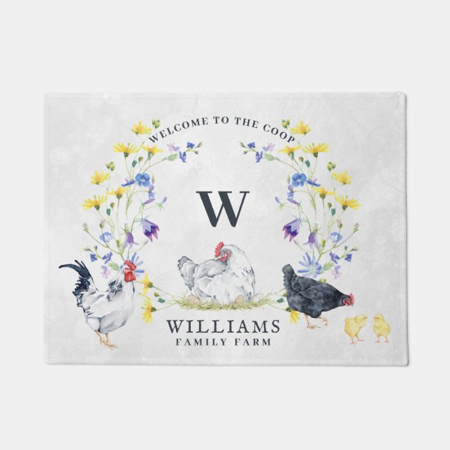 Willkommen bei der Hühnercoop | Familienname Monog Fußmatte (Vorderseite)