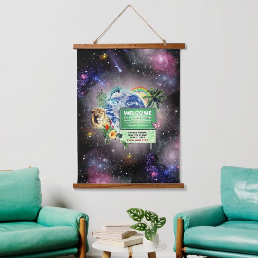 Willkommen bei Planet Earth Wood Topped Wall Tapes Wandteppich Mit Holzrahmen (Wohnzimmer)