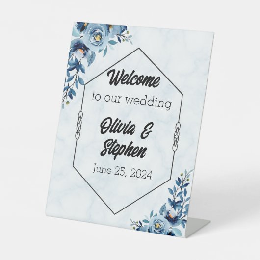 Willkommen bei unseren Hochzeiten/blauen Rose Sockelschild (Vorderseite)