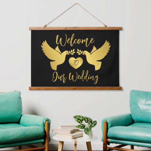 Willkommen bei unseren HochzeitGold Doves Wandteppich Mit Holzrahmen (Wohnzimmer)