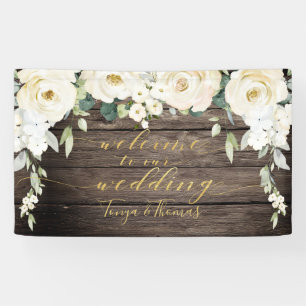 Willkommen bei White Peony Gold Calligraphy Wood Banner